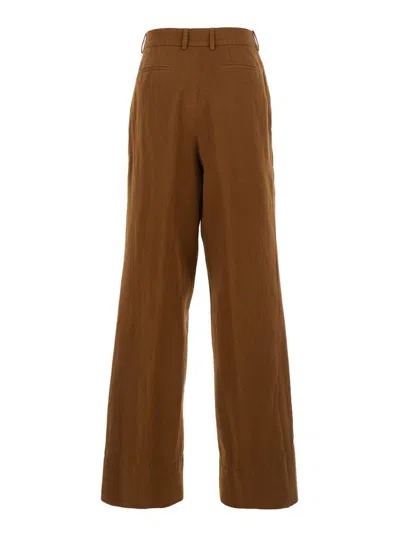 Pt Torino Frankie Brown Pants With Belt Loops In Cotton And Linen Blend Woman
