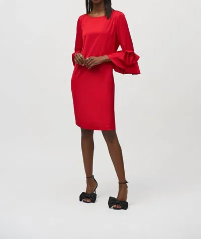 Joseph Ribkoff Satin Riffle Sleeve Straight Red Dress In Lipstick Red