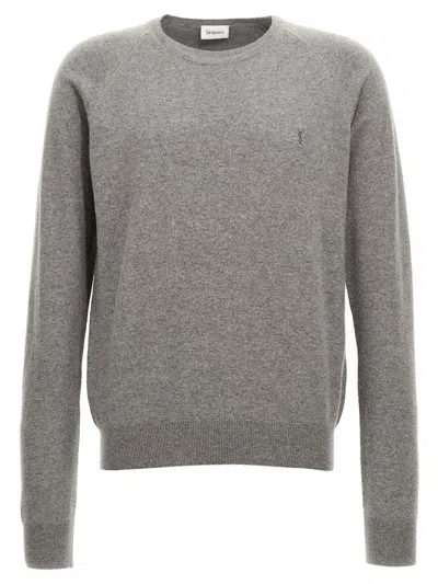 Saint Laurent Grey Crewneck Sweater With Cassandre In Cashmere Man