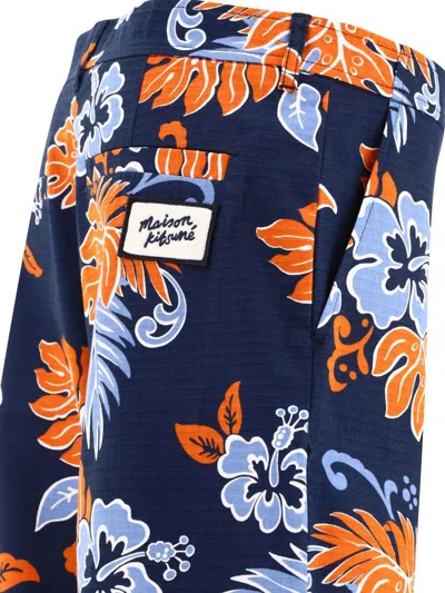 Shop Maison Kitsuné Blue Bermuda Shorts With Floral Print In Cotton Man