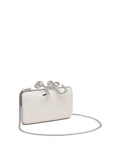 Self-portrait White Clutch With Pearls Embellishment And Bow Detail In Tech Fabric Woman