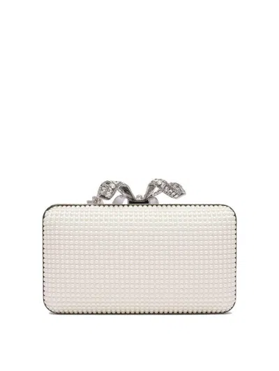 Self-portrait White Clutch With Pearls Embellishment And Bow Detail In Tech Fabric Woman
