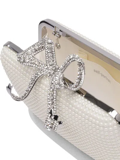 Self-portrait White Clutch With Pearls Embellishment And Bow Detail In Tech Fabric Woman