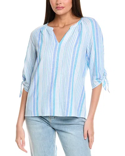 Jones New York Tie Cuff Raglan Sleeve Linen Blend Top In Blue
