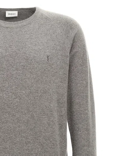 Saint Laurent Grey Crewneck Sweater With Cassandre In Cashmere Man