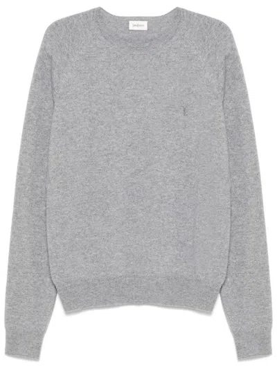 Saint Laurent Grey Crewneck Sweater With Cassandre In Cashmere Man