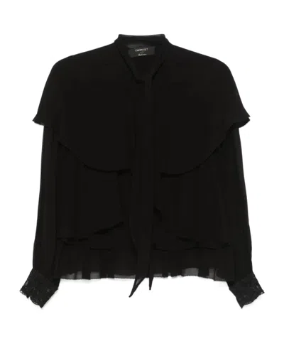 Twinset Twin-set Layered Black Blouse With Ruffled Detailing In Black