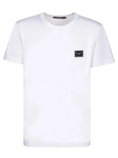 Dolce & Gabbana White Crewneck T-shirt With Logo Plate In Cotton Man