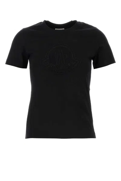 Moncler Women Black T-shirt With Rhinestone Logo In Cotton Woman In Black