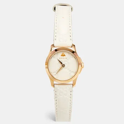 Pre-owned Gucci Cream Gold Plated Stainless Steel Leather G-timeless 126.5 Women's Wristwatch 27 Mm In White