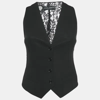 Pre-owned Dolce & Gabbana Black Lace And Viscose Button Front Vest S