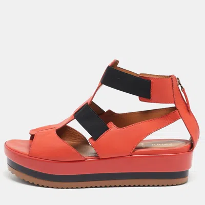 Pre-owned Fendi Orange/black Leather And Elastic Strappy Platform Sandals Size 38.5