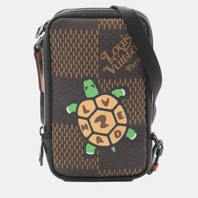 Pre-owned Louis Vuitton Lã&#151; Nigo Double Phone Shoulder Bag Damier Giant Canvas In Brown