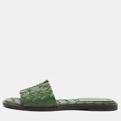 Pre-owned Tory Burch Green Woven Leather Ines Flat Slides Size 36