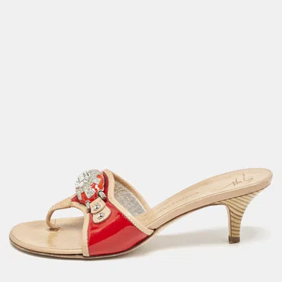 Pre-owned Giuseppe Zanotti Red/red Leather And Patent Crystal Embellished Slide Sandals Size 38