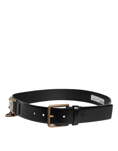 Pre-owned Dolce & Gabbana Black Leather Dg Logo Plaque Buckle Men's Belt ()