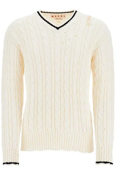 Shop Marni White Cotton Sweater With Cable Knit V-neck