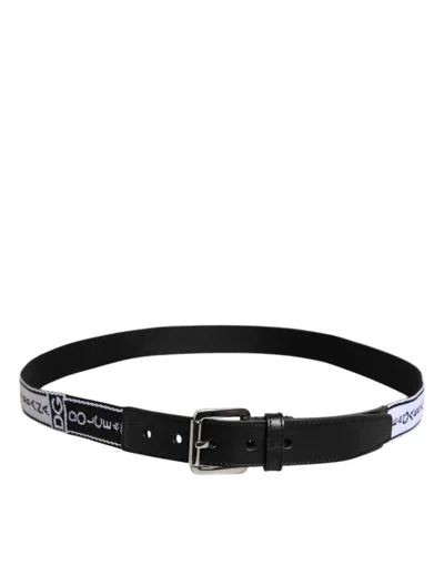 Dolce & Gabbana Black White Printed Metal Logo Buckle Belt In Black