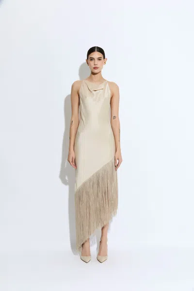 Lapointe Satin Cowl Neck Fringe Dress