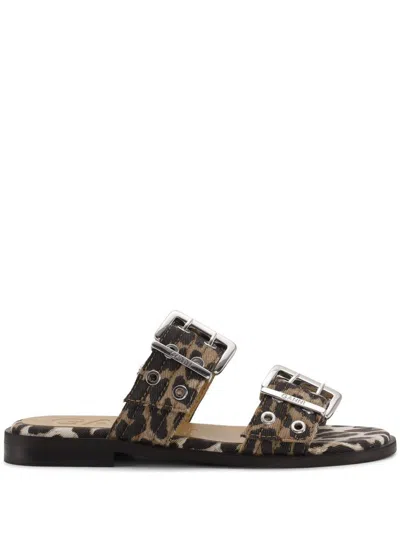 Ganni Leopard Print Buckle Slide Double Strap