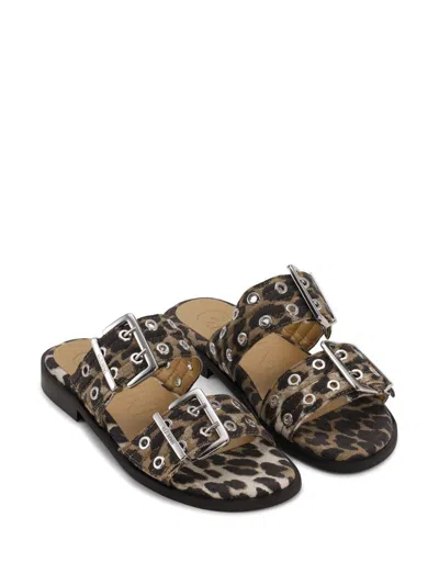Ganni Leopard Print Buckle Slide Double Strap