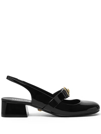 Versace Black Ballerina Shoes With Heel And Medusa Detail On The Front In Shiny Leather Woman