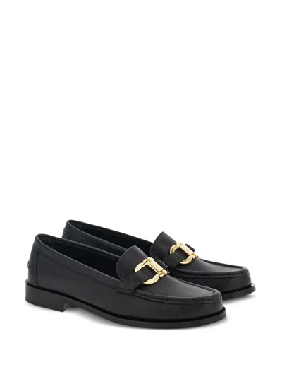 Ferragamo Leather Loafer With Iconic Gancini Detail In Black