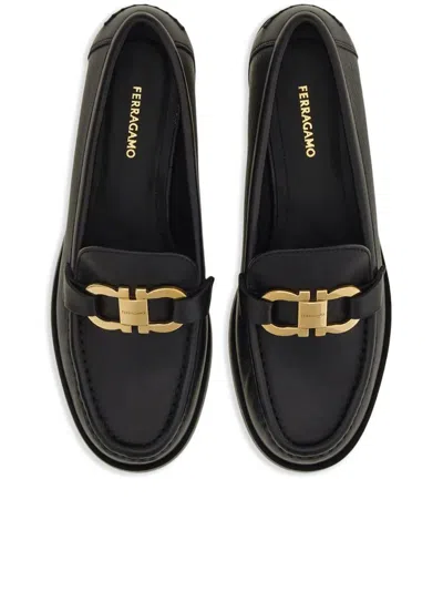 Ferragamo Leather Loafer With Iconic Gancini Detail In Black