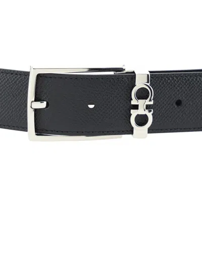 Ferragamo Black Reversible Belt With Gancini Buckle Belt In Grained Leather Man