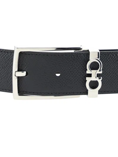 Ferragamo Black Reversible Belt With Gancini Buckle Belt In Grained Leather Man