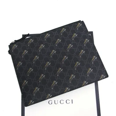 Pre-owned Gucci Black Charcoal Gray Yellow Coated Canvas Leather Clutch Bag Pouch ()