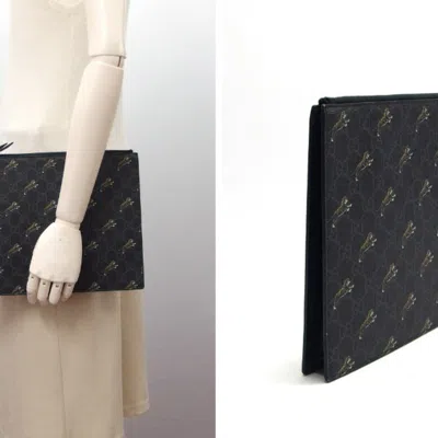 Pre-owned Gucci Black Charcoal Gray Yellow Coated Canvas Leather Clutch Bag Pouch ()