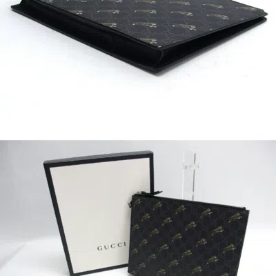 Pre-owned Gucci Black Charcoal Gray Yellow Coated Canvas Leather Clutch Bag Pouch ()