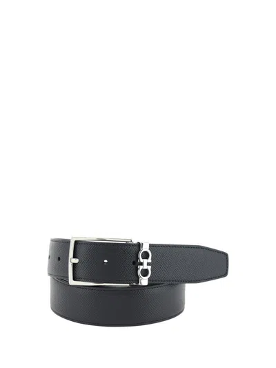 Ferragamo Black Reversible Belt With Gancini Buckle Belt In Grained Leather Man