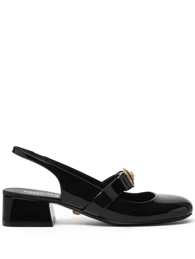 Versace Black Ballerina Shoes With Heel And Medusa Detail On The Front In Shiny Leather Woman