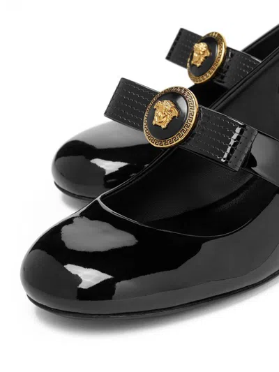 Versace Black Ballerina Shoes With Heel And Medusa Detail On The Front In Shiny Leather Woman