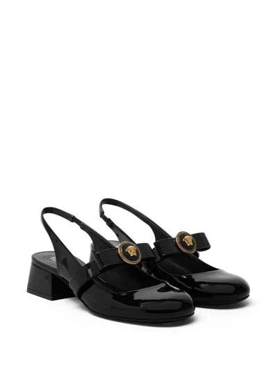 Versace Black Ballerina Shoes With Heel And Medusa Detail On The Front In Shiny Leather Woman