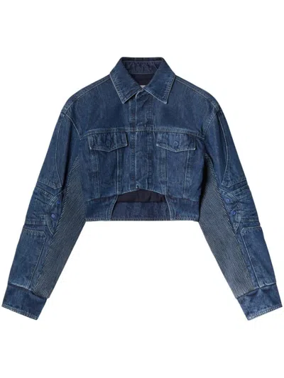 Off-white Cropped Denim Moto Jacket With Front Cutout