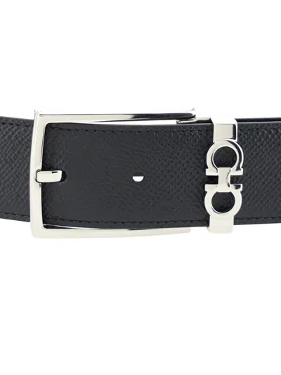 Ferragamo Black Reversible Belt With Gancini Buckle Belt In Grained Leather Man