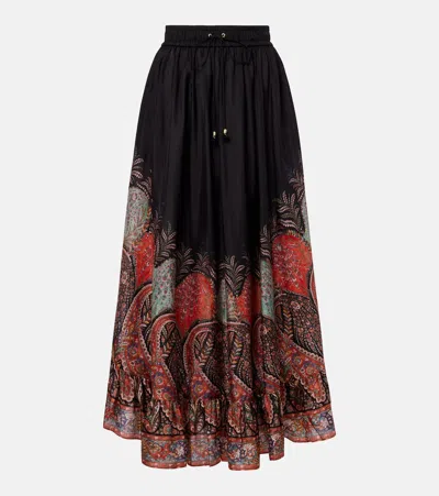 Zimmermann Rhiannon Printed Silk Skirt In Black