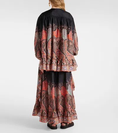 Zimmermann Rhiannon Ruffle Billow Silk Blouse In Black Paisley  In Black