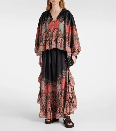 Zimmermann Rhiannon Ruffle Billow Silk Blouse In Black Paisley  In Black