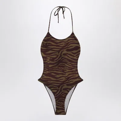 Attico Green Swimsuit With Halterneck With Tie And All-over Print In Tech Fabric Stretch Woman In Brown