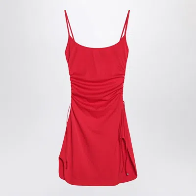 Attico Mini Length Ruched Detailing Side Slit Strappy Beach Cover Up In Red