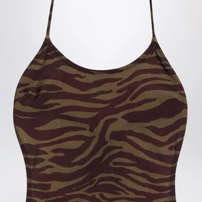 Attico Green Swimsuit With Halterneck With Tie And All-over Print In Tech Fabric Stretch Woman In Brown
