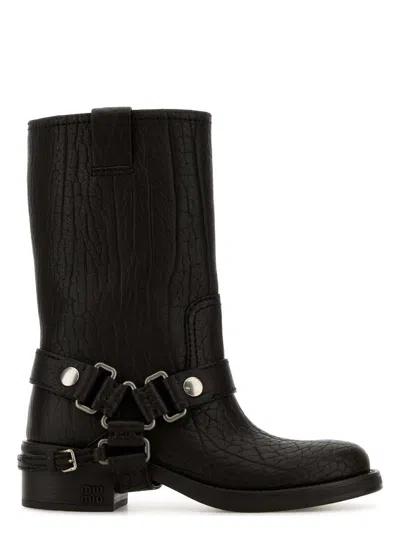 Miu Miu Leather Block Heel Ankle Boots