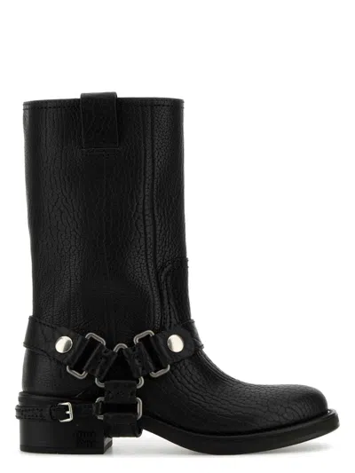 Miu Miu Leather Block Heel Ankle Boots