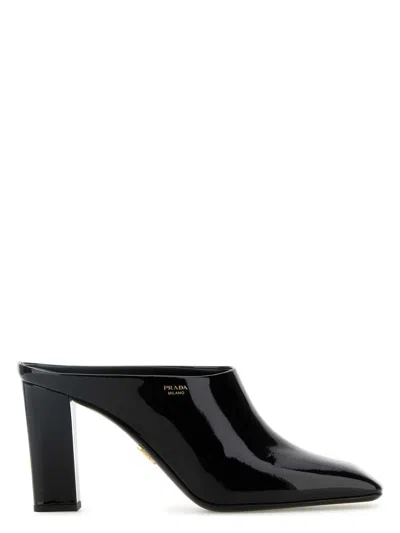Prada Leather Block Heel Mules With Pointed Toe