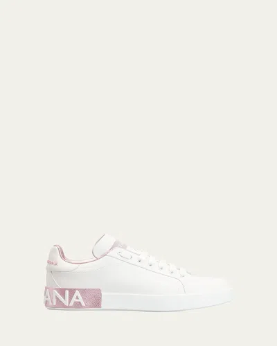 Dolce & Gabbana Portofino Leather Sneakers In White And Pink In White