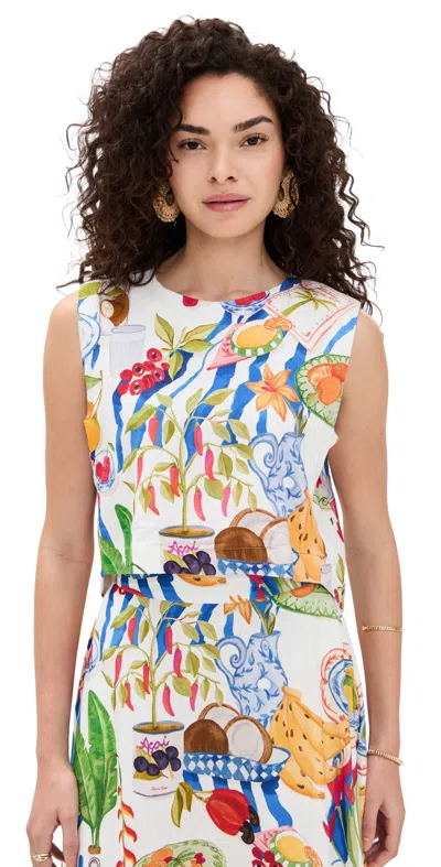 Farm Rio Womens Fresh Table Off-white Fresh Table Crop Linen-blend Top In Multi